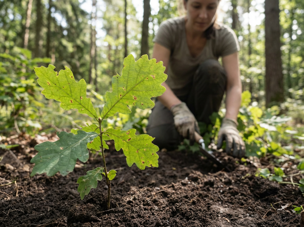Person planting a tree in a forest