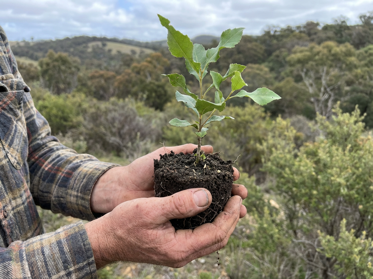 Person holding a small tree with a natural landscape in the background